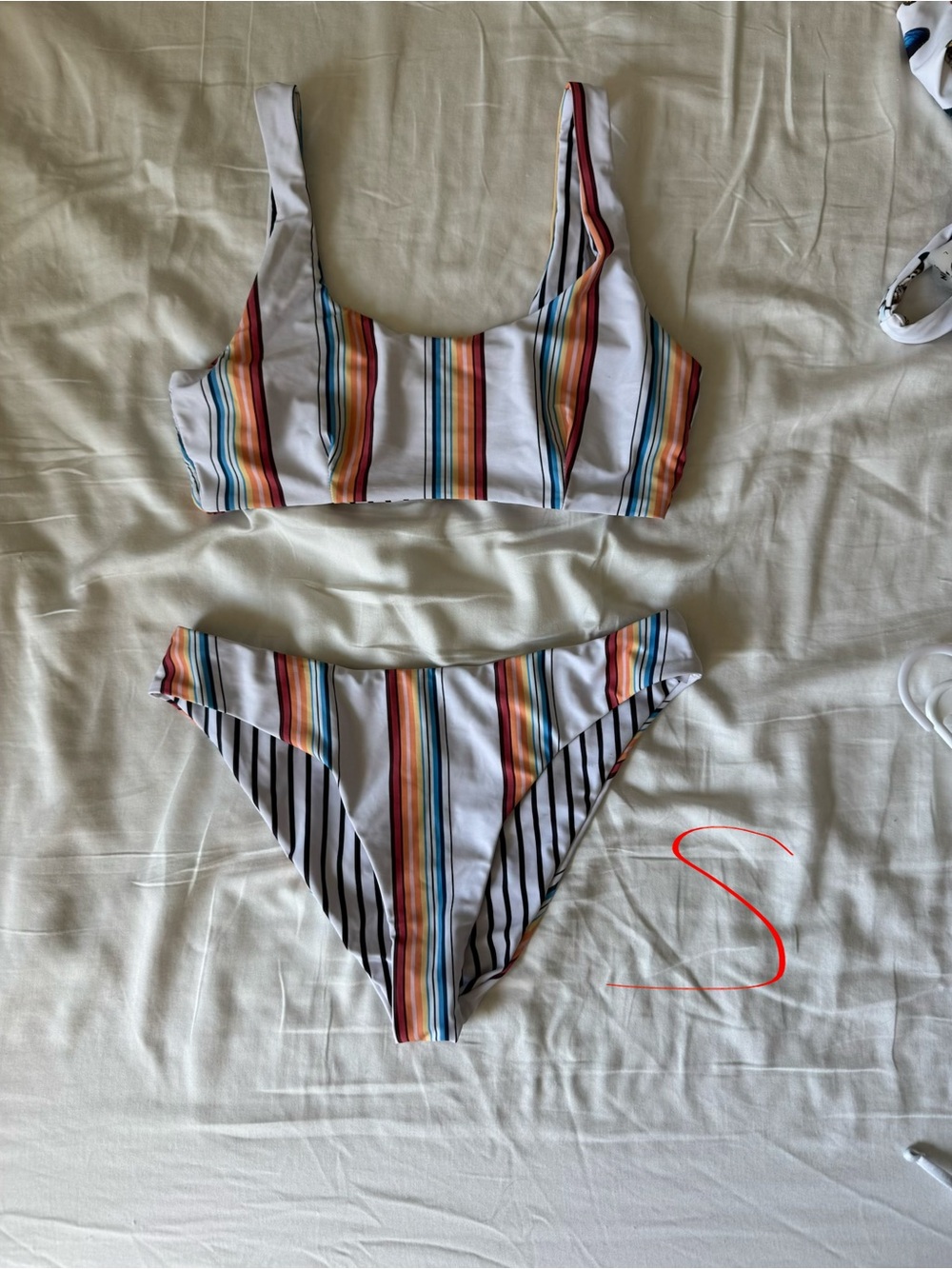 SHEIN White Multi-Stripe Scoop Bikini Set